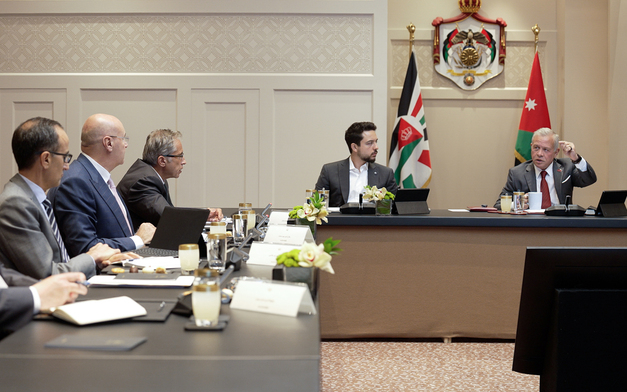 His Majesty King Abdullah on Tuesday follows up on progress in implementation of the Economic Modernisation Vision at a meeting, attended by HRH Crown Prince Hussein, at Al Husseiniya Palace (Photo courtesy of Royal Court)